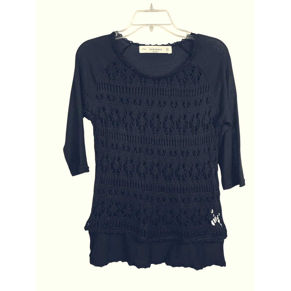 Zara Knit Womens Black Crochet Lace Front Layered‎ Top 3/4 Sleeve Size M RN77302